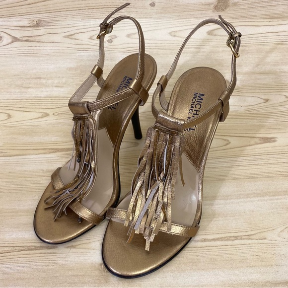 Michael Kors Gold Fringe Ankle Strap Heeled Sandals Women’s Shoes 7 M - Picture 1 of 10